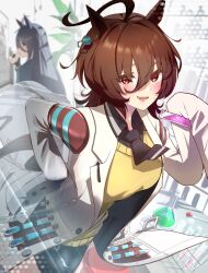 Rule 34 | 2girls, agnes tachyon (umamusume), ahoge, animal ears, bandolier, black hair, black necktie, black pantyhose, blurry, blurry background, blush, brown hair, coat, coffee mug, collared shirt, commentary request, cup, earrings, highres, holding, holding cup, holding test tube, horse ears, horse girl, jewelry, lab coat, long hair, long sleeves, looking at viewer, manhattan cafe (umamusume), mug, multicolored hair, multiple girls, necktie, open clothes, open coat, open mouth, pantyhose, pen, red eyes, shirt, single earring, sleeves past fingers, sleeves past wrists, smile, solo focus, streaked hair, sweater vest, takuan (taku1219oekaki), test tube, umamusume, white hair, yellow eyes, yellow sweater vest