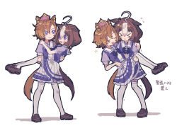 Rule 34 | &gt; &lt;, 2girls, :&lt;, :3, @ @, ahoge, animal ears, arms around neck, black footwear, brown hair, carrying, closed eyes, commentary request, crown, ears down, flying sweatdrops, full body, hand on another&#039;s back, hand on another&#039;s leg, highres, horse ears, horse girl, horse tail, horseshoe ornament, loafers, looking at another, meisho doto (umamusume), mini crown, multicolored hair, multiple girls, multiple views, orange hair, pb lumum, pigeon-toed, pleated skirt, princess carry, puffy short sleeves, puffy sleeves, purple eyes, purple shirt, purple skirt, sailor collar, sailor shirt, school uniform, shirt, shoes, short hair, short sleeves, skirt, socks, sparkle, standing, summer uniform, t.m. opera o (umamusume), tail, tracen school uniform, translation request, trembling, two-tone hair, umamusume, v-shaped eyebrows, white background, white hair, white sailor collar, white skirt, white socks, yuri