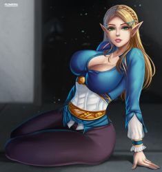 Rule 34 | 1girl, ass, black pants, breasts, cleavage, female focus, flowerxl, large breasts, lips, nail polish, nintendo, pants, princess zelda, solo, tagme, the legend of zelda, the legend of zelda: breath of the wild, thick thighs, thighs