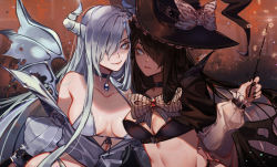Rule 34 | 2girls, bikini, bow, breasts, brown hair, cape, choker, cleavage, commentary request, demon horns, detached sleeves, grey eyes, hair over one eye, halloween, hat, hat bow, holding hands, horns, large breasts, long hair, looking at viewer, march ab, medium breasts, multiple girls, original, silver hair, sparkle, swimsuit, wand, wings, witch hat
