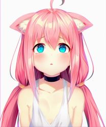 Rule 34 | 1girl, ahoge, animal ear fluff, animal ears, black choker, blue eyes, blush, cat ears, choker, commentary request, ears down, grey background, hinata channel, long hair, looking at viewer, loose clothes, loose shirt, low twintails, nekomiya hinata, parted lips, pink hair, sad, shirt, simple background, sleeveless, sleeveless shirt, solo, soya (torga), twintails, upper body, virtual youtuber, white shirt