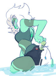 Rule 34 | 1girl, 1other, arched back, backless outfit, breast pocket, colored skin, fishing, green eyes, green skin, malachite (steven universe), messy hair, partially submerged, pocket, simple background, sleeveless, steven universe, thighs, water, watermelon steven, wavy mouth, white background, white hair, | |