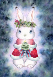 Rule 34 | absurdres, animal, animal focus, blue eyes, bow, christmas tree, closed mouth, commentary request, dress, ears up, glowing, gradient background, head wreath, highres, holding, looking at viewer, mistletoe, no humans, original, painting (medium), rabbit, santa dress, short sleeves, signature, sinsousui, star (symbol), striped, striped bow, toes, traditional media, watercolor (medium)