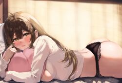 Rule 34 | 1girl, absurdres, ahoge, ariaridoradora, ass, blush, breasts, brown hair, heart, heart-shaped pillow, highres, idolmaster, idolmaster shiny colors, indoors, kuwayama chiyuki, large breasts, long hair, looking at viewer, lying, medium breasts, no pants, hugging object, on bed, on stomach, open clothes, open shirt, panties, pillow, pillow hug, shirt, sideboob, smile, solo, straight hair, underwear, very long hair, white shirt