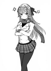 Rule 34 | 1girl, anger vein, blush, crossed arms, frown, greyscale, long hair, monochrome, pantyhose, scarf, simple background, skirt, solo, white background, zaxwu