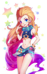 Rule 34 | 1girl, :p, armlet, bangle, bare arms, blue eyes, blue scarf, bracelet, breasts, crop top, heterochromia, highres, jewelry, kezi, league of legends, long hair, looking at viewer, midriff, multicolored hair, nail polish, navel, necklace, orange hair, purple hair, scarf, shorts, small breasts, solo, standing, star (symbol), tongue, tongue out, two-tone hair, very long hair, zoe (league of legends)