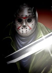 Rule 34 | 1boy, edo tatsuki, friday the 13th, glint, helmet, hockey mask, holding, holding sword, holding weapon, jason voorhees, looking at viewer, machete, male focus, mask, solo, sword, upper body, weapon