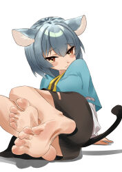 Rule 34 | 1girl, absurdres, animal ears, barefoot, blush, feet, highres, light smile, looking at viewer, medium hair, mouse ears, nazrin, red eyes, soles, tail, toes, touhou