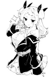 Rule 34 | 1girl, bow, breasts, closed mouth, greyscale, hair bow, ikeuchi tanuma, jacket, large breasts, long sleeves, looking at viewer, miniskirt, monochrome, original, pleated skirt, shirt, simple background, skirt, sleeves past wrists, smile, smug, solo, sparkle, two side up, w, white background
