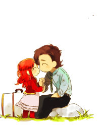 Rule 34 | 1boy, 1girl, ^ ^, aged down, amy pond, belt, black pants, boots, brown hair, chibi, child, closed eyes, diagonal-striped neckwear, doctor who, dress, eleventh doctor, full body, grass, happy, jacket, necktie, pants, red footwear, red hair, red jacket, rock, simple background, sitting, sleeves rolled up, smile, source request, standing, striped neckwear, suitcase, tagme, the doctor, white background