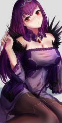 Rule 34 | 1girl, blush, breasts, cleavage, dress, fate/grand order, fate (series), highres, ippers, large breasts, looking at viewer, navel, purple dress, purple hair, red eyes, scathach (fate), scathach skadi (fate), sitting