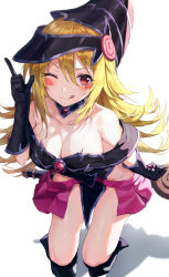 Rule 34 | 1girl, ;p, absurdres, bare shoulders, black footwear, black hat, blonde hair, blush, blush stickers, boots, breasts, choker, cleavage, dark magician girl, duel monster, hat, highres, huwari (dnwls3010), large breasts, leaning forward, licking lips, long hair, one eye closed, pentacle, pentagram, simple background, smile, solo, tongue, tongue out, wand, white background, wizard hat, yu-gi-oh!
