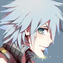 Rule 34 | 1boy, glint, green eyes, inazume-panko, kingdom hearts, kingdom hearts 3d dream drop distance, looking at viewer, lowres, male focus, pinko (inazume-panko), popped collar, riku (kingdom hearts), simple background, solo, white hair