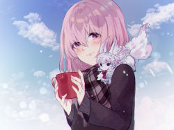 Rule 34 | 1girl, blue sky, blush, brown jacket, closed mouth, cloud, commentary request, creature, cup, day, fate/grand order, fate (series), fingernails, fou (fate), hair between eyes, highres, holding, holding cup, hozumi rino, jacket, long sleeves, mash kyrielight, mash kyrielight (chaldea teatime), mug, official alternate costume, on shoulder, outdoors, pink hair, plaid, purple eyes, sky, smile, upper body