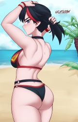Rule 34 | 1girl, adapted costume, artist name, ass, back, beach, bikini, blue eyes, blush, breasts, flytrapxx, highres, huge ass, kill la kill, large breasts, looking at viewer, matoi ryuuko, multicolored hair, nail polish, palm tree, ponytail, red hair, senketsu, short hair, sky, solo, streaked hair, swimsuit, thighs, tree, water