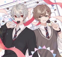 Rule 34 | 2boys, black cardigan, blue neckwear, bracelet, brown hair, brown vest, candy, cardigan, chocolate, chocolate heart, commentary, earrings, food, food in mouth, green eyes, grey hair, grey neckwear, hair ornament, heart, highres, jewelry, kanae (nijisanji), kuzuha (nijisanji), looking at another, male focus, mole, mole under eye, multiple boys, multiple earrings, necktie, nijisanji, pointy ears, red eyes, red neckwear, red ribbon, ribbon, shirt, short hair, short ponytail, short sleeves, smile, striped neckwear, sweater vest, symbol-only commentary, translation request, upper body, vest, virtual youtuber, watch, wavy hair, white shirt, wristwatch, x hair ornament, yazune