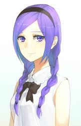 Rule 34 | 00s, 1girl, alternate hairstyle, aono miki, bow, bowtie, braid, eyelashes, fresh precure!, hair ornament, hairband, happy, long hair, looking at viewer, portrait, precure, purple eyes, purple hair, ribbon, shirt, simple background, smile, solo, ttknok, twin braids, twintails, white background, white shirt