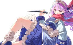 Rule 34 | 1girl, absurdres, anchor, anchor symbol, apron, blue bow, blue footwear, blue hair, blue kimono, blue nails, bow, colored inner hair, darjeeling (reley), floating hair, frilled apron, frilled socks, frills, grin, hair between eyes, highres, holding, holding weapon, hololive, japanese clothes, kimono, kunai, long hair, long sleeves, looking at viewer, minato aqua, multicolored hair, nail polish, obi, one side up, purple eyes, purple hair, red scarf, sash, scarf, shoes, simple background, smile, socks, solo, two-tone hair, v-shaped eyebrows, virtual youtuber, waist apron, weapon, white apron, white background, white bow, white socks, wide sleeves