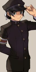 Rule 34 | 1girl, ace attorney, arm behind back, armband, black eyes, black hair, black hat, black jacket, black pants, buttons, closed mouth, crossdressing, gakuran, gakuseibou, hair bun, hair ribbon, hand on headwear, hat, highres, jacket, long sleeves, looking at viewer, pants, peaked cap, ribbon, school uniform, short hair, simple background, single hair bun, smile, solo, standing, susato mikotoba, the great ace attorney, the great ace attorney 2: resolve, wahootarou, white ribbon