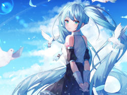 Rule 34 | 1girl, adapted costume, aqua eyes, aqua hair, aqua nails, aqua necktie, arms behind back, bare shoulders, bird, black skirt, black sleeves, blue sky, cloud, commentary, cowboy shot, detached sleeves, feathers, frilled skirt, frills, from behind, grey shirt, hatsune miku, highres, hyunnim01, lens flare, long hair, looking at viewer, looking back, miniskirt, nail polish, necktie, own hands together, pleated skirt, shirt, short sleeves, shoulder tattoo, skirt, sky, sleeveless, sleeveless shirt, solo, tattoo, twintails, very long hair, vocaloid, white bird, wrist cuffs