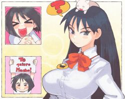 ! &gt;_&lt; 2girls arms_up azumanga_daiou black_eyes black_hair blush bow bowtie breasts cat closed_mouth highres holding holding_sign inkerton-kun kaori_(azumanga_daioh) large_breasts long_hair long_sleeves looking_at_viewer multiple_girls open_mouth red_bow red_bowtie revision sakaki_(azumanga_daioh) school_uniform short_hair sign smile spanish_text spoken_exclamation_mark translation_request