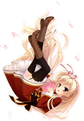 Rule 34 | 1girl, absurdres, amairo islenauts, black thighhighs, blonde hair, book, boots, brown eyes, cherry blossoms, cross-laced footwear, full body, garter straps, hair ribbon, highres, kobuichi, long hair, looking at viewer, petals, ribbon, school uniform, shirley warwick, smile, solo, thighhighs, upside-down