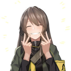 Rule 34 | 1girl, ^ ^, black ribbon, black shirt, breasts, brown hair, cero (last2stage), closed eyes, commentary request, double v, girls&#039; frontline, green jacket, grin, hair ribbon, hands up, highres, jacket, large breasts, long hair, long sleeves, open clothes, open jacket, ribbon, shirt, simple background, smile, solo, strap, teeth, ump40 (girls&#039; frontline), upper body, v, white background