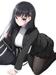 Rule 34 | 1girl, black hair, black pantyhose, black skirt, blue archive, breasts, buttons, hair ornament, hairpin, highres, holding, holding tablet pc, koflif, large breasts, long hair, long sleeves, no halo, open mouth, pantyhose, pleated skirt, red eyes, rio (blue archive), simple background, skirt, solo, sweater, tablet pc, turtleneck, turtleneck sweater, white background, white sweater