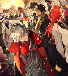 Rule 34 | 6+boys, adjusting clothes, adjusting necktie, antonio salieri (fate), antonio salieri (second ascension) (fate), arash (fate), bartholomew roberts (fate), black hair, black jacket, black neckwear, black vest, blue shirt, brown hair, buttons, chandelier, closed eyes, closed mouth, collar, collared jacket, collared shirt, covered eyes, cross, crossed arms, earrings, fate/grand order, fate (series), glasses, gloves, hand in pocket, hat, indoors, itefu, jacket, jacket on shoulders, james moriarty (archer) (fate), japanese clothes, jewelry, king hassan (fate), long hair, long sleeves, looking at another, male focus, multiple boys, necktie, open clothes, open jacket, ozymandias (fate), red eyes, red hair, red neckwear, ring, sakamoto ryouma (fate), scarf, shirt, short hair, silver hair, standing, striped clothes, striped jacket, striped neckwear, tristan (fate), vest, white gloves, white headwear, yagyuu munenori (fate)