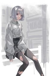 Rule 34 | 1girl, absurdres, grey hair, grey skirt, grey theme, highres, original, pantyhose, parted lips, plaid, plaid skirt, purple eyes, railing, reiga (act000), short hair, sitting, skirt, sleeves past wrists, solo, torn clothes, torn pantyhose