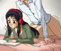 Rule 34 | 1boy, 1girl, akiyama mio, anal, ass, bed, bed sheet, black eyes, black hair, blush, book, bored, bottomless, breasts, cleavage, clothed sex, collarbone, covered erect nipples, cum, cum in ass, emotionless sex, eyebrows, fingernails, head out of frame, headphones, hetero, highres, indoors, k-on!, long hair, long sleeves, lying, male pubic hair, mole, mole under eye, motion lines, multitasking, nail polish, no panties, on bed, on stomach, open book, cum overflow, parted lips, pink nails, prone bone, pubic hair, ragathol, reading, sex, sex from behind, shirt, small breasts, solo focus