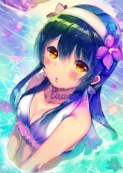 Rule 34 | 10s, 1girl, bikini, blue hair, breasts, cleavage, gradient background, hairband, highres, hikari no, long hair, looking at viewer, love live!, love live! school idol project, medium breasts, natsuiro egao de 1 2 jump!, partially submerged, solo, sonoda umi, swimsuit, yellow eyes