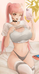 Rule 34 | 1girl, banner, black panties, breasts, calvin klein, cellphone, cleavage, clothes lift, contemporary, deer, fire emblem, fire emblem: three houses, highleg, highleg panties, highres, hilda valentine goneril, holding, holding phone, large breasts, lifting own clothes, long hair, navel, nintendo, nintendo switch, one eye closed, panties, phone, pink eyes, pink hair, selfie, shirt, shirt lift, sitting, smartphone, solo, stomach, thighhighs, tommy (kingdukeee), tongue, tongue out, twintails, underwear, very long hair, white shirt, white thighhighs
