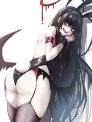 Rule 34 | 1girl, @ @, alternate costume, animal ears, armband, ass, bags under eyes, black hair, black leotard, black thighhighs, black wings, blue archive, fake animal ears, fake tail, halo, highres, komena (shinyday312), leotard, long hair, looking back, melting halo, pale skin, playboy bunny, rabbit ears, rabbit tail, red armband, red eyes, red garter belt, red halo, sharp teeth, simple background, solo, straight hair, tail, teeth, thighhighs, tsurugi (blue archive), very long hair, white background, wings, wrist cuffs