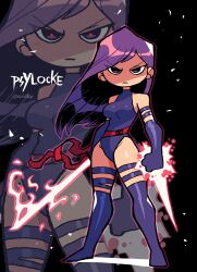 Rule 34 | 1girl, absurdres, artist name, black background, boots, breasts, energy sword, gloves, highres, leotard, long hair, looking at viewer, marvel, medium breasts, psylocke, purple eyes, purple gloves, purple hair, rariatto (ganguri), shaded face, solo, sword, thigh boots, v-shaped eyebrows, weapon, x-men, zoom layer