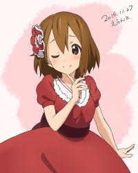 Rule 34 | 1girl, 2014, alternate costume, artist name, birthday, blush, bow, brown eyes, brown hair, dated, dress, errant, hair bow, hirasawa yui, k-on!, one eye closed, red dress, short hair, simple background, smile, solo, white background