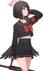 Rule 34 | 1girl, arm behind head, arm up, armband, black choker, black gloves, black hair, black sailor collar, black serafuku, black shirt, black skirt, blue archive, blush, bow, choker, closed mouth, collarbone, commentary request, feet out of frame, fingerless gloves, gloves, halo, highres, holding, icehotmilktea, long sleeves, looking away, mashiro (blue archive), midriff peek, pleated skirt, purple eyes, red bow, sailor collar, school uniform, serafuku, shirt, simple background, skirt, solo, standing, white background, winged halo