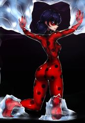 Rule 34 | 1girl, arms up, artist request, ass, back, black hair, blue eyes, bodysuit, breasts, domino mask, earrings, feet, female focus, from behind, ice, jewelry, kneeling, ladybug (character), legs, looking back, low twintails, marinette dupain-cheng, mask, miraculous ladybug, neck, no bra, no panties, no socks, outdoors, polka dot, polka dot bodysuit, red bodysuit, red earrings, sexually suggestive, short twintails, skin tight, small breasts, soles, solo, stuck, superhero costume, thighs, tiptoes, toes, trapped, twintails