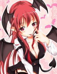 Rule 34 | 1girl, :p, akanbe, bat wings, belt, black thighhighs, blush, breasts, cleavage, collarbone, demon tail, demon wings, dress shirt, eyelid pull, female focus, garter straps, head wings, highres, koakuma, large breasts, long hair, long sleeves, naughty face, pleated skirt, pointy ears, red eyes, red hair, shirt, skirt, solo, tail, tenchou no matsumoto, thighhighs, tongue, tongue out, touhou, vest, wings, zettai ryouiki