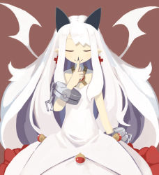 Rule 34 | 1girl, bare shoulders, black nails, blush, brown background, chain, closed mouth, cross, cross earrings, cuffs, dress, earrings, closed eyes, fingernails, frilled dress, frills, highres, jewelry, light blush, long hair, nail polish, phantom kingdom, pointy ears, pram (phantom kingdom), shackles, sharp fingernails, simple background, smile, solo, white dress, white hair, wings, zizi niisan