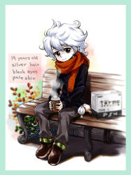 Rule 34 | 1boy, androgynous, bench, highres, male focus, minimaru, nature, original, outdoors, scarf, sitting, solo, starbucks, steam