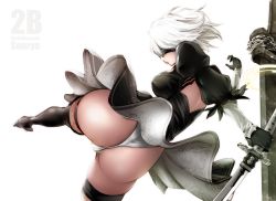 Rule 34 | 1girl, ass, black dress, black thighhighs, blindfold, dress, from behind, gloves, kicking, nier (series), nier:automata, partially visible vulva, short hair, simple background, solo, souryu, sword, thighhighs, thighs, weapon, white background, white hair, 2b (nier:automata)