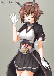 Rule 34 | 1girl, anti (untea9), black capelet, black jacket, breasts, brown hair, capelet, collar, flipped hair, gloves, green eyes, grey background, headgear, highres, jacket, kantai collection, looking at viewer, medium breasts, metal belt, metal collar, midriff, mutsu (kancolle), mutsu kai ni (kancolle), open clothes, open jacket, open mouth, pleated skirt, shaded face, short hair, simple background, skirt, smile, solo, thighs, twitter username, upper body, waving, white gloves