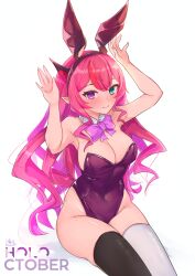 Rule 34 | 1girl, absurdres, animal ears, asymmetrical legwear, black thighhighs, blue eyes, blush, bow, bowtie, breasts, cleavage, covered navel, detached collar, fake animal ears, heterochromia, highres, hirasawa izumi, hololive, hololive english, horns, irys (hololive), large breasts, leotard, long hair, looking at viewer, mismatched legwear, multicolored hair, playboy bunny, pointy ears, purple eyes, purple hair, rabbit ears, red hair, simple background, smile, solo, strapless, strapless leotard, streaked hair, thighhighs, thighs, very long hair, virtual youtuber, white background, white thighhighs