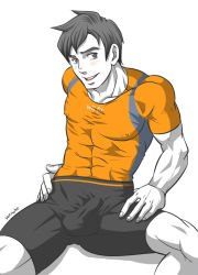 Rule 34 | 1boy, abs, blush, crotch, male focus, muscular, nintendo, pectorals, sitting, smile, solo, wii fit, wii fit trainer, wii fit trainer (male), yunisuke