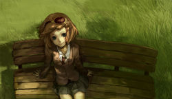 Rule 34 | 1girl, arm support, bad id, bad pixiv id, bench, brown hair, female focus, from above, goggles, grass, green eyes, looking up, miniskirt, nature, necktie, original, outdoors, school uniform, shirabi, short hair, skirt, smile, solo