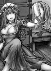 Rule 34 | 2girls, barefoot, breasts, chest of drawers, cleavage, detached collar, dress, elbow gloves, fox tail, gloves, greyscale, hair ribbon, hat, hat ribbon, indoors, knee up, large breasts, looking at viewer, mirror, mob cap, monochrome, multiple girls, multiple tails, on floor, open hand, open mouth, puffy short sleeves, puffy sleeves, reflection, ribbon, short sleeves, sidelocks, sitting, smile, solo focus, standing, tabard, tabi, tail, teeth, touhou, yakumo ran, yakumo yukari, yuugatou (yuuzutu)