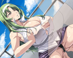 Rule 34 | 10s, 1girl, ahoge, bent over, black panties, breasts, brown eyes, cameltoe, censored, cum, cum on clothes, covered erect nipples, gigantic breasts, green hair, headband, highres, huge breasts, kloah, long hair, paizuri, paizuri under clothes, panties, penis, penis under another&#039;s clothes, pointless censoring, solo focus, squatting, star driver, straining buttons, sweat, underwear, upskirt, watanabe kanako