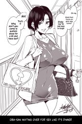 Rule 34 | 1girl, bag, breasts, collarbone, commentary, dress, earrings, greyscale, hallway, handbag, hard-translated, highres, jewelry, large breasts, looking at viewer, mizuryu kei, monochrome, open mouth, original, short hair, signature, sketch, smile, third-party edit, tight dress, translated