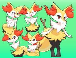 Rule 34 | 1girl, :3, ^ ^, animal ear fluff, animal ears, animal feet, animal hands, animal nose, arms behind back, black fur, blush, body fur, braixen, closed eyes, closed mouth, creatures (company), crossed arms, facing viewer, fang, female focus, flat chest, fox ears, fox girl, fox tail, full body, furry, furry female, game freak, gen 6 pokemon, gradient background, green background, hand up, hands up, happy, highres, light blush, looking at viewer, multicolored fur, multiple views, neck fur, nintendo, open mouth, pokemon, pokemon (creature), red eyes, sideways mouth, simple background, smile, snout, sokishii, standing, straight-on, tail, upper body, waving, white fur, yellow fur
